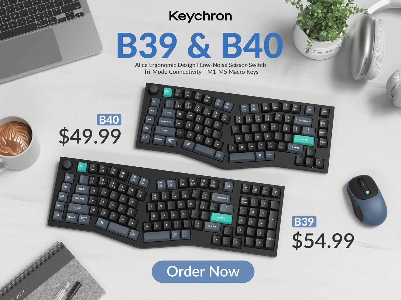 Keychronが廉価なシザー式Aliceキーボード「B39」「B40」を発売｜49.99ドルから